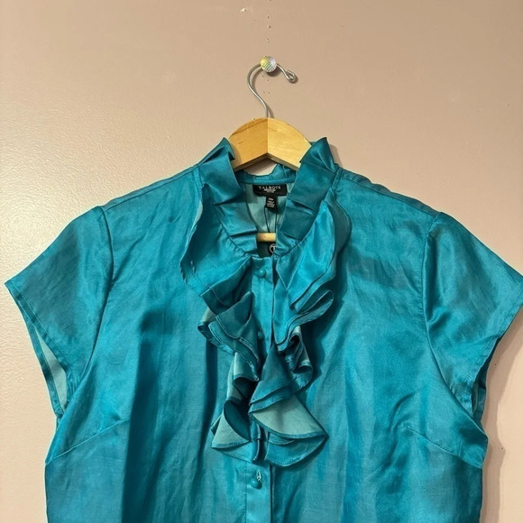 Talbots Turquoise Silk Cotton Ruffle  Bib Top Blouse Womens Size 14P NWT - Picture 3 of 9